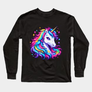 Pixel Unicorn - Rainbow Hair Long Sleeve T-Shirt